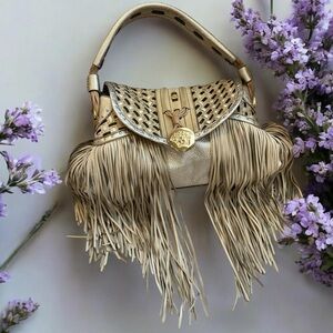 Vintage VERSACE Hobo Beige Leather Suede Fringe‎ Tassel Fringe Hand Bag Tassle